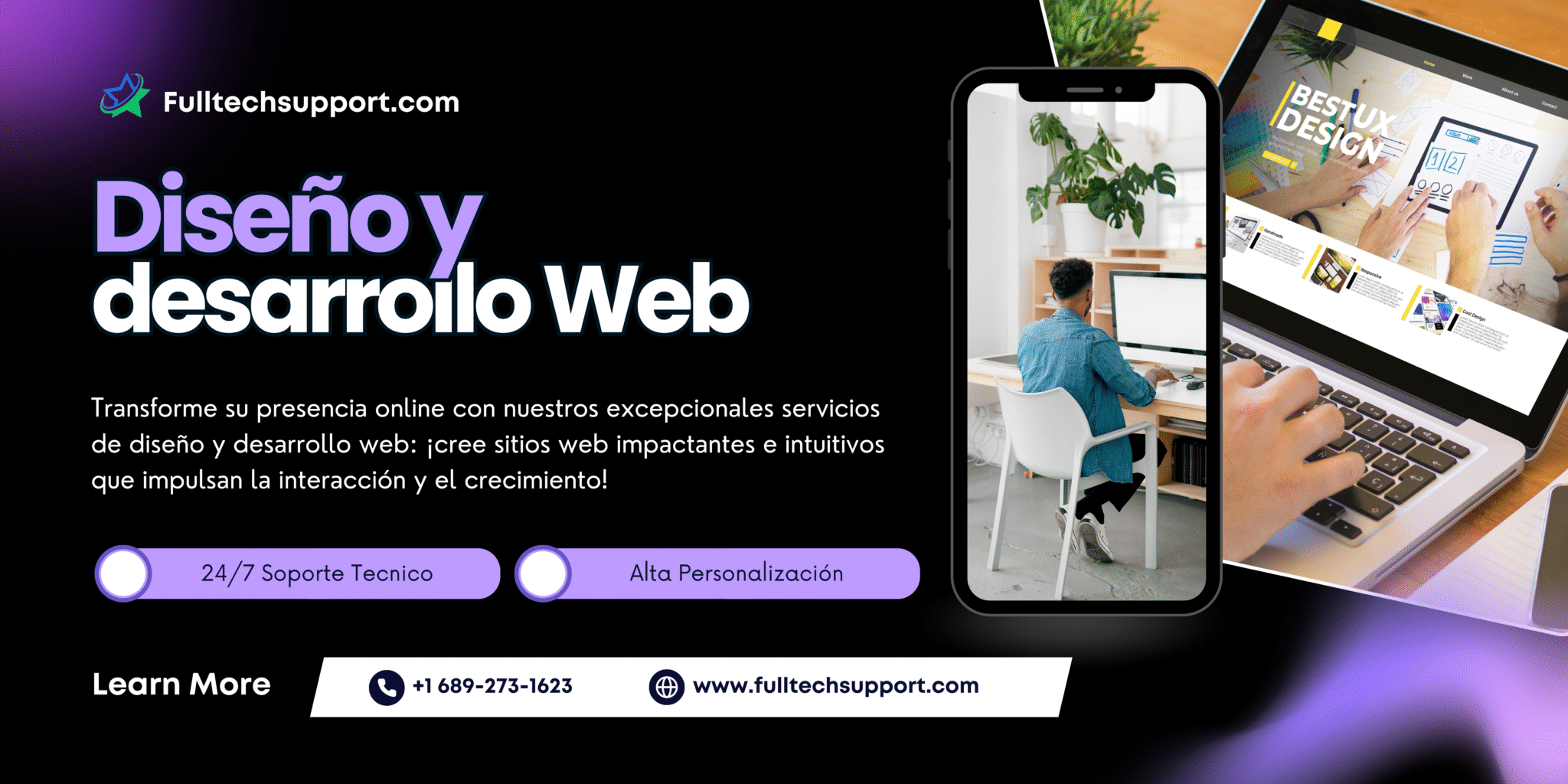 Black Purple Modern Website Design And Development Banner-es